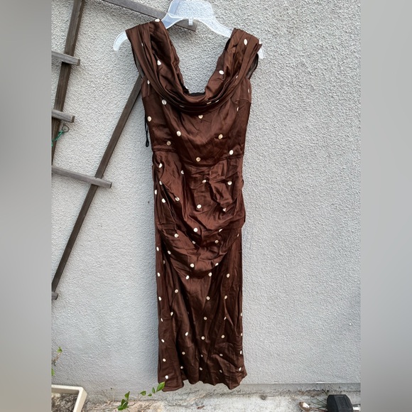 LPA Luisa Polka Dot Midi Dress Detachable Scarf Brown Cream NEW with tags! - Picture 4 of 13